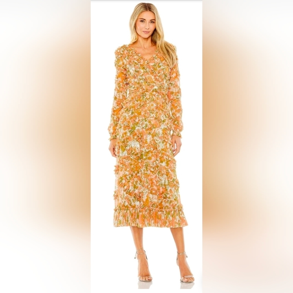 NWT! Mac Duggal, Floral Cutout Back Tulle Dress, Orange Multi,Size 6,MSRP $598